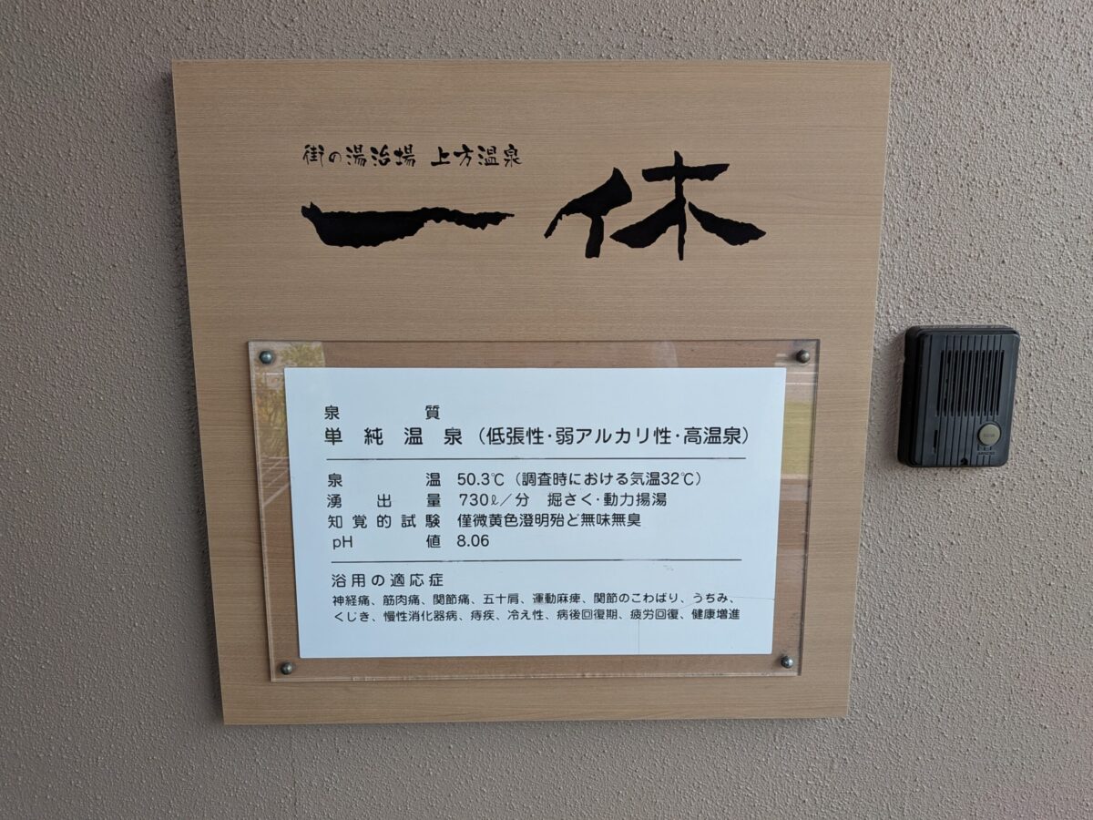 上方温泉 一休の泉質表示（単純温泉・低張性・弱アルカリ性・高温泉）