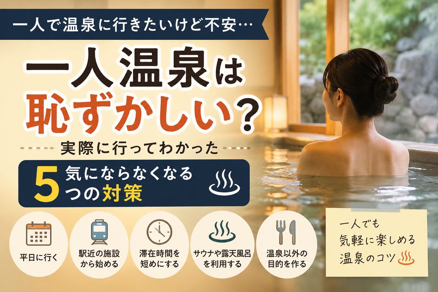 一人温泉は恥ずかしい?気にならなくなる5つの対策を紹介するアイキャッチ画像