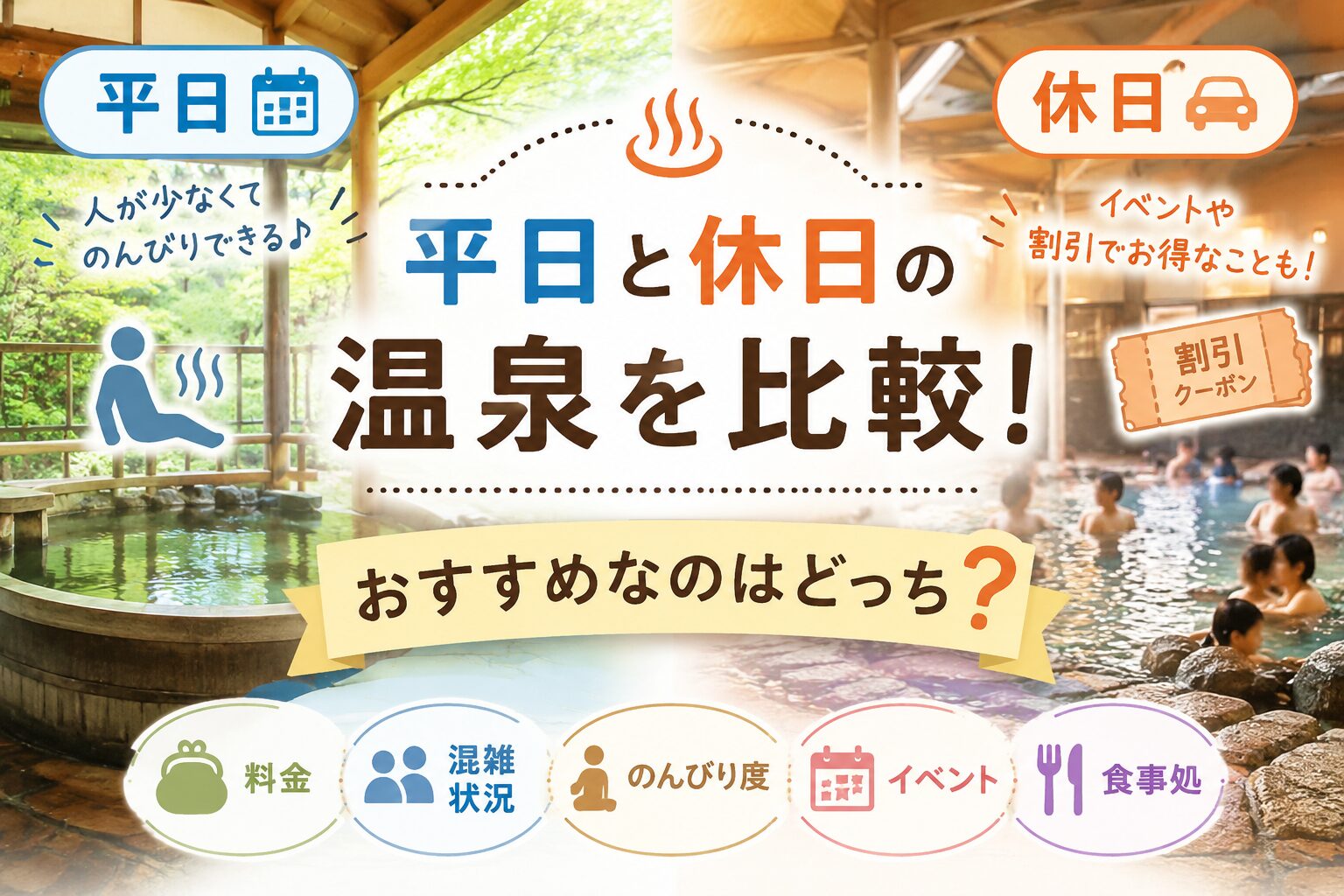 平日と休日の日帰り温泉を料金・混雑・イベントなどで比較したアイキャッチ画像